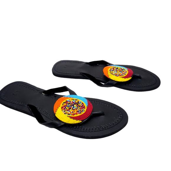 Masaai Leather African Beaded Black Sandals Size 7 - Picture 2 of 8
